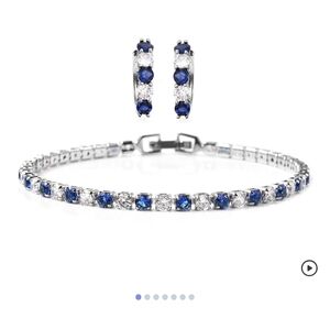 🆕Lab Created Blue Sapphire, Simulated Diamond Tennis Bracelet & Huggie Earrings